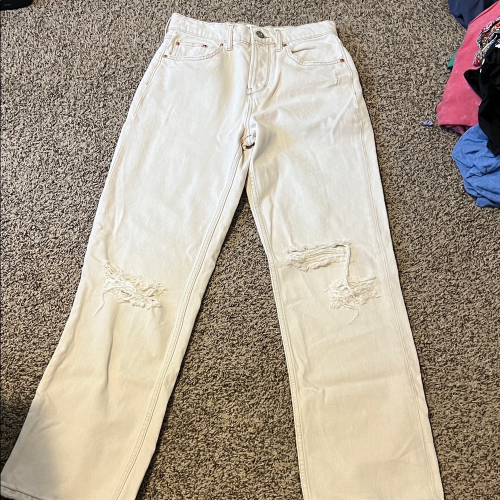 Womens Off-White Distressed Straight-Leg Jeans